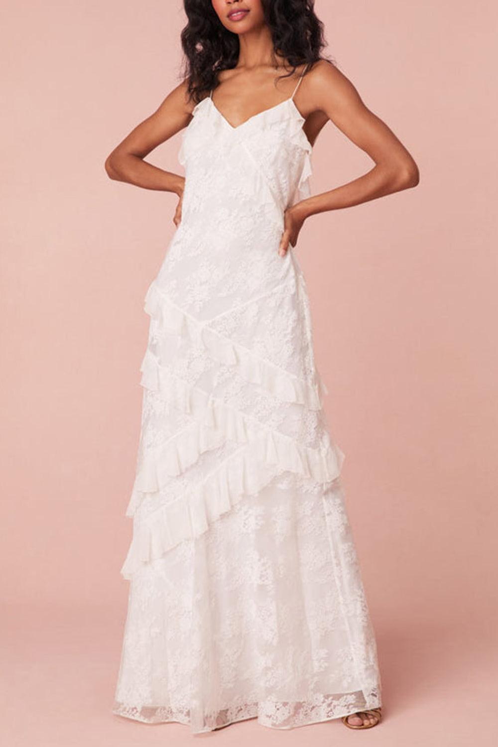 Suzhoufashion White Sheath Spaghetti Straps Backless Long Dress With Ruffles Graduation Dress Formal Evening Gown