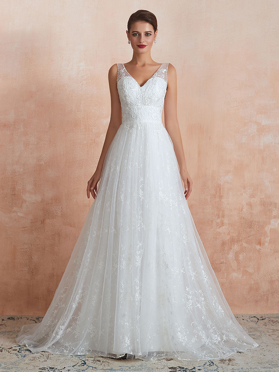 White Sleeveless V Neck Tulle Lace A-Line Wedding Dresses