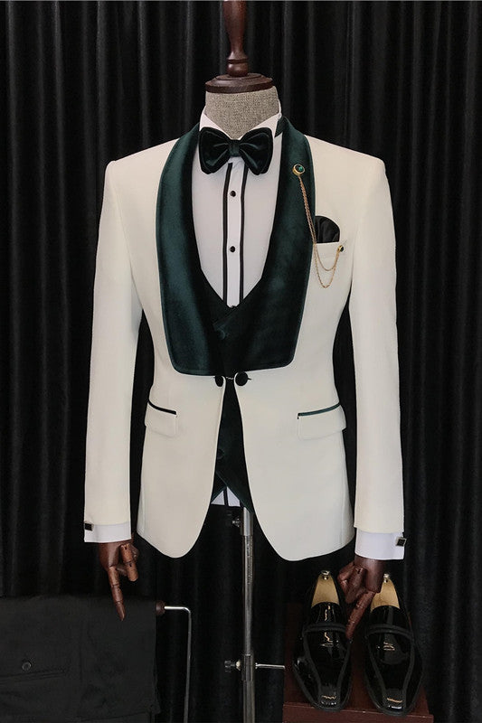 White Velvet Shawl Lapel Three Piece Wedding Suit