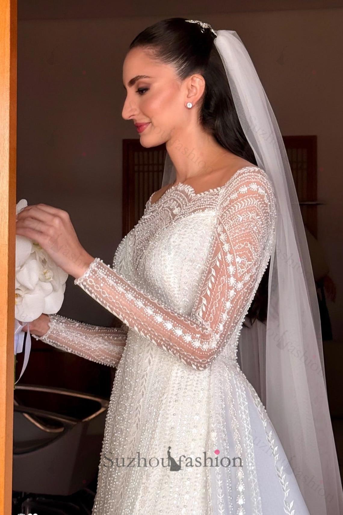 White Wedding Dress A Line Long Sleeves Beaded Lace Capel Train Long Bridal Gown