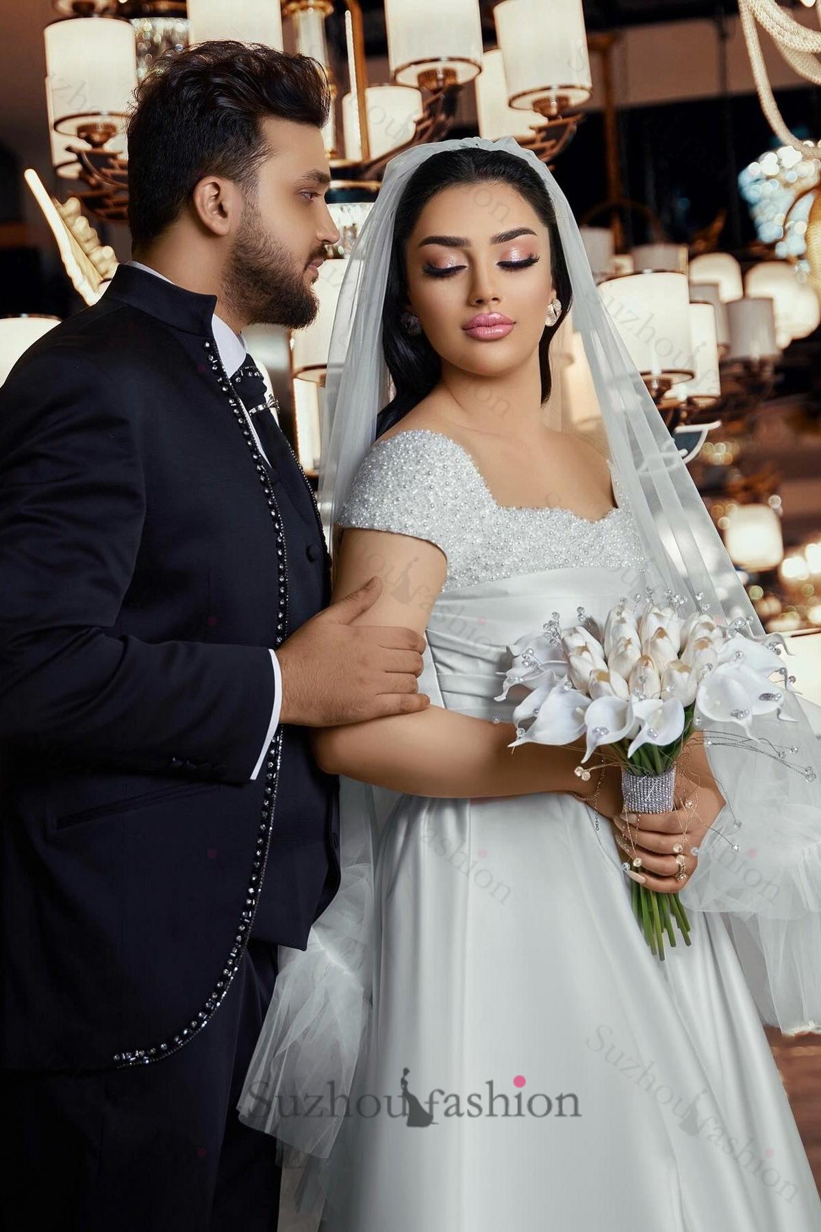 White Wedding Dress A Line Off The Shoulder Sleeveless Beaded Ruffle Long Satin Bridal Gown With Slit