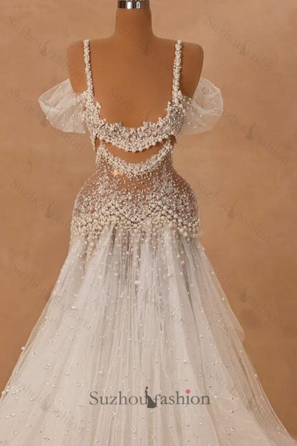 White Wedding Dress A Line Off The Shoulder Spaghetti Strap Beaded Lace Sleeveless Long Tulle Bridal Gown With Pearls