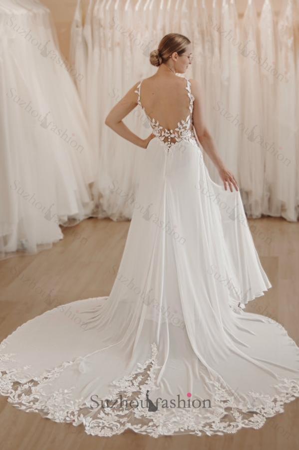White Wedding Dress A Line Spaghetti Strap V Neck Sleeveless Long Chiffon Split Front Bridal Gown With Appliques