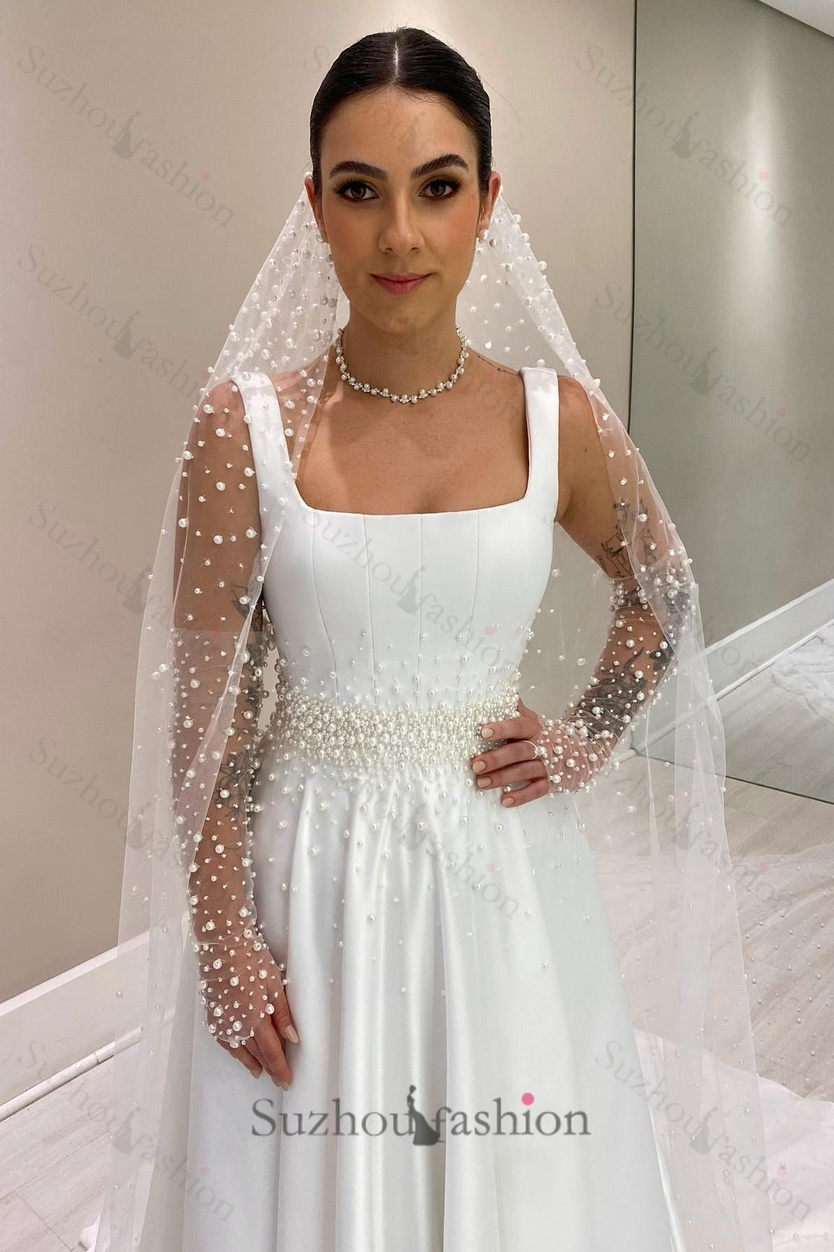 White Wedding Dress A Line Spaghetti Straps Sleeveless Beaded Chapel Train Satin Bridal Gown With Pearls