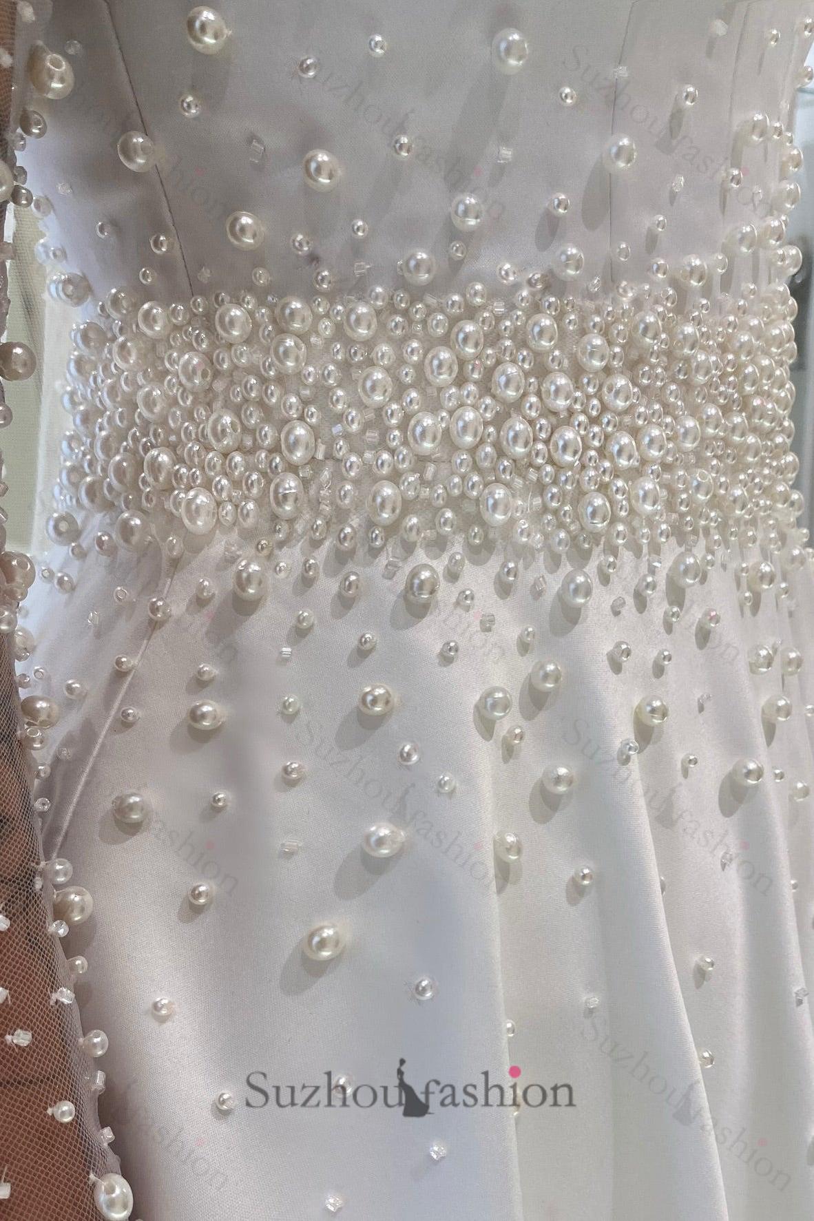 White Wedding Dress A Line Spaghetti Straps Sleeveless Beaded Chapel Train Satin Bridal Gown With Pearls