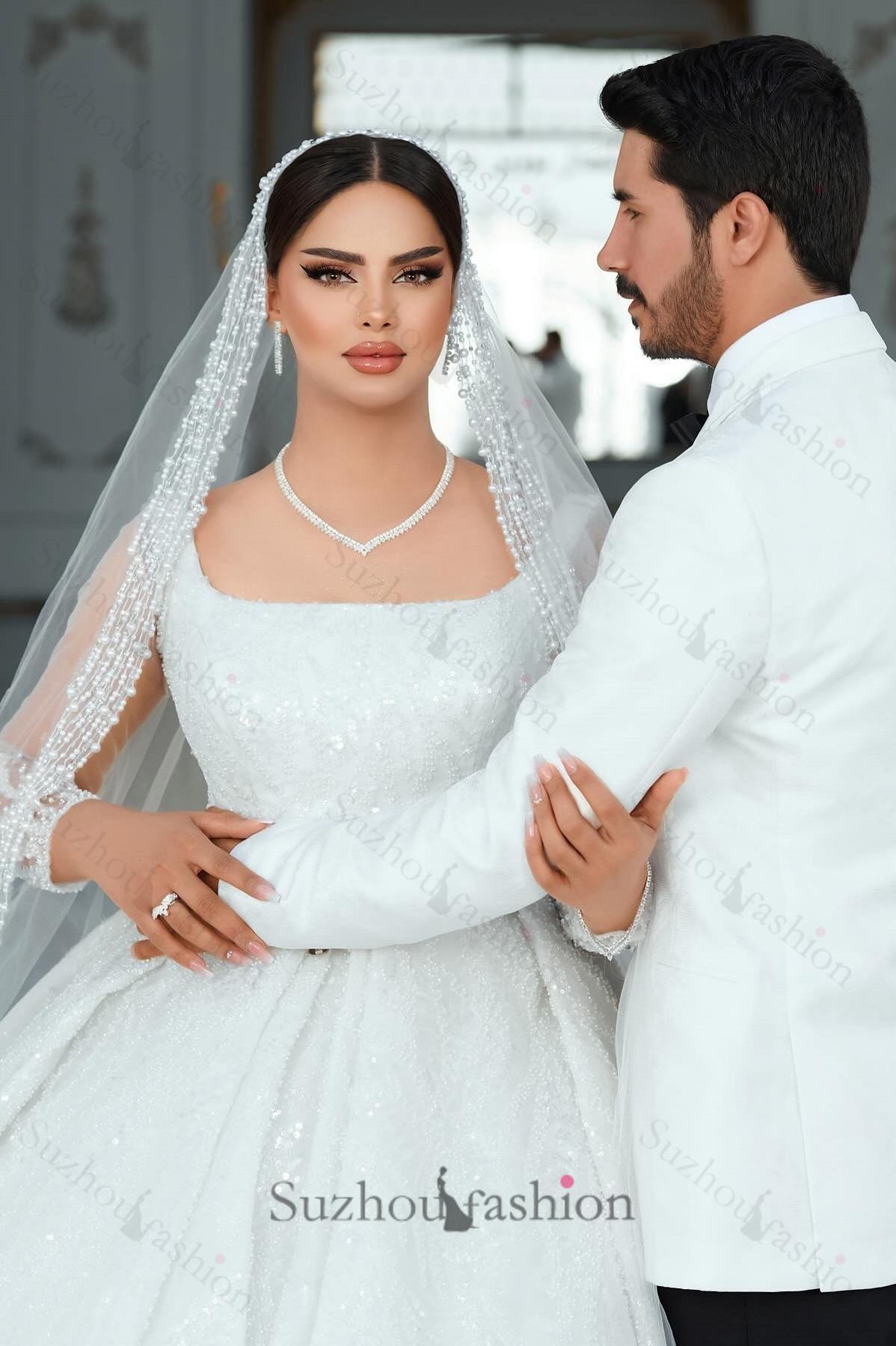 White Wedding Dress A Line Square Spaghetti Strap Beaded Illusion Sleeves Sequined Ball Gown Long Satin Bridal Gown With Ruffles