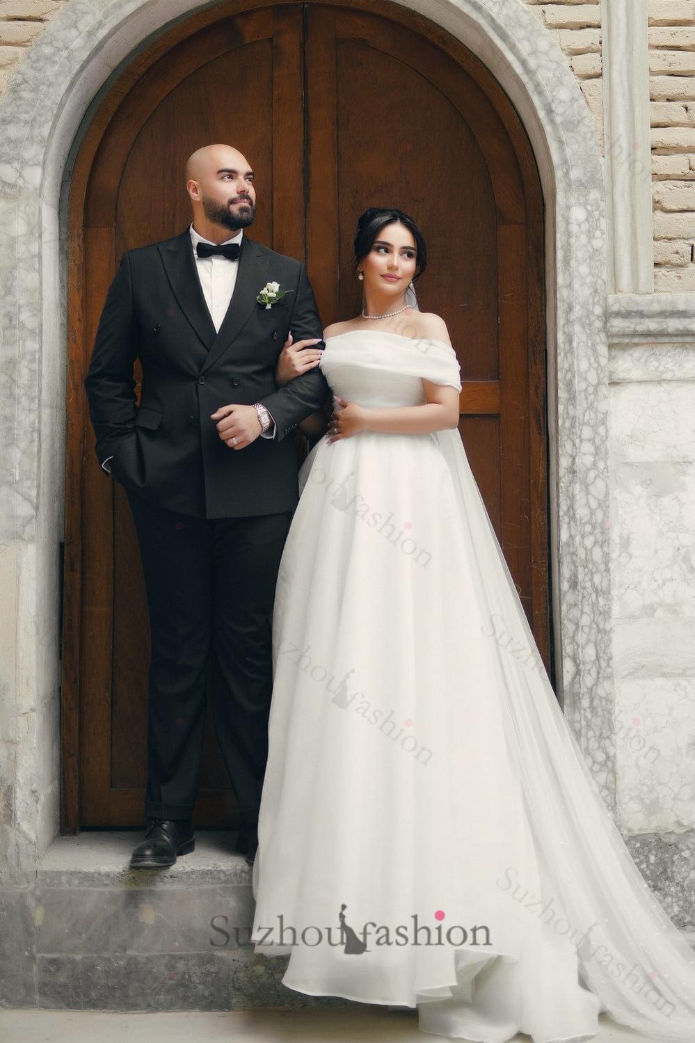 White Wedding Dress A Line Strapless Off The Shoulder Sleeveless Long Chiffon Bridal Gown With Ruffles