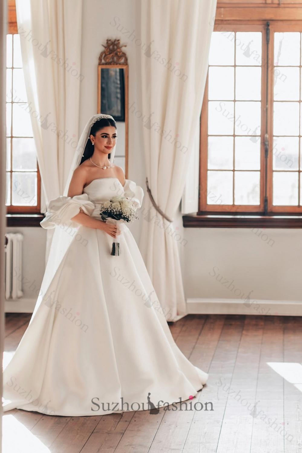 White Wedding Dress A Line Strapless Sleeveless Sweep Train Satin Bridal Gown