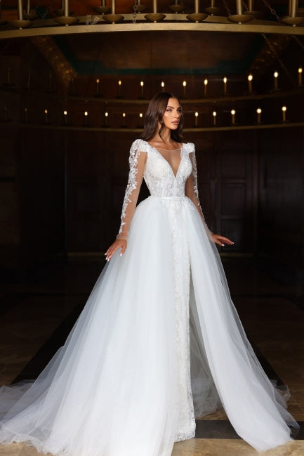 White Wedding Dress A Line V Neck Long Sleeves Backless Ball Gown Lace Tulle Long Bridal Gown With Slit