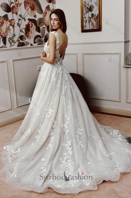 White Wedding Dress A Line V Neck Sleeveless Backless Lace Cathedral Train Bridal Gown With Appliques