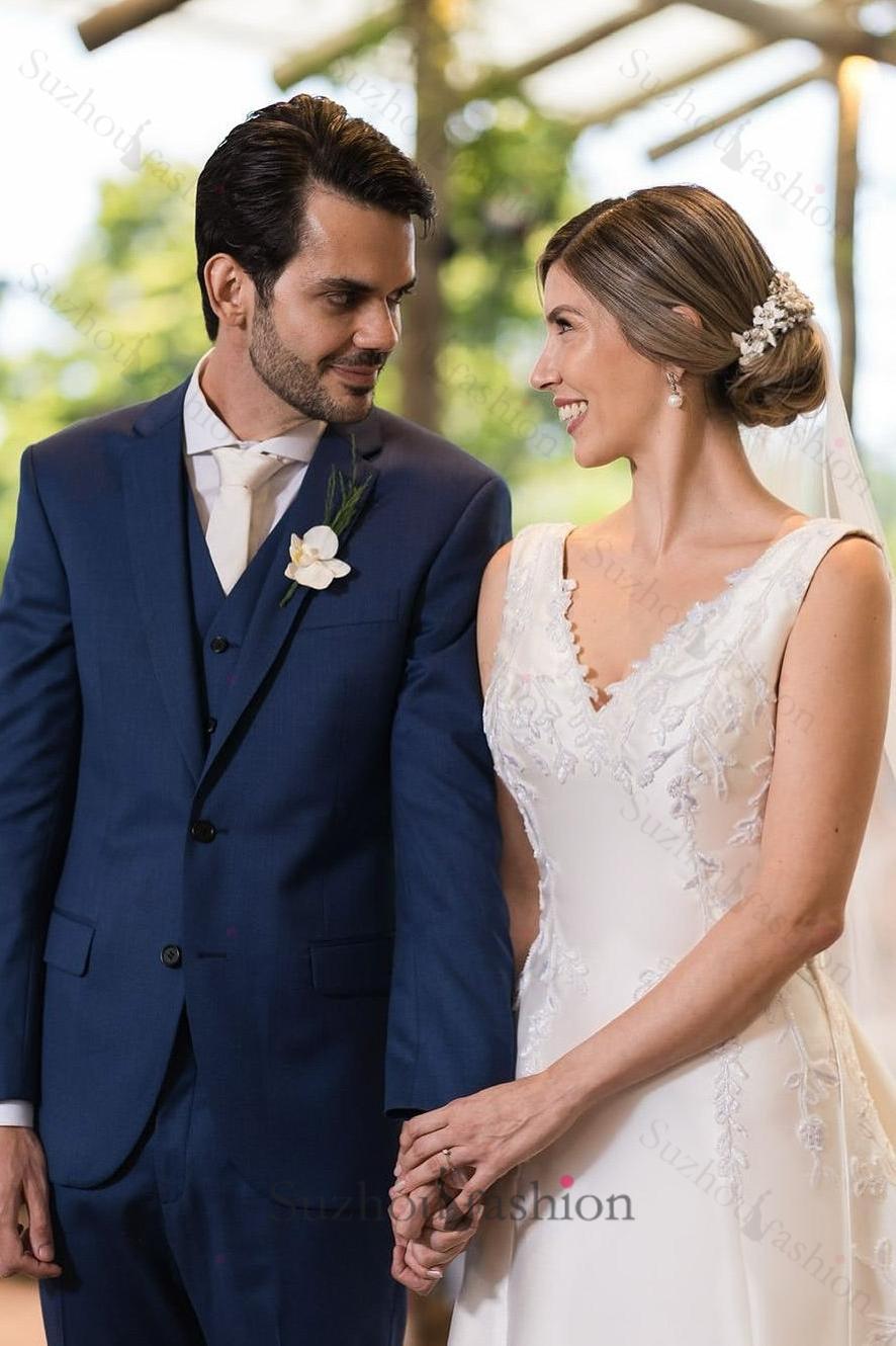 White Wedding Dress A Line V Neck Sleeveless Cathedral Train Satin Bridal Gown With Appliques