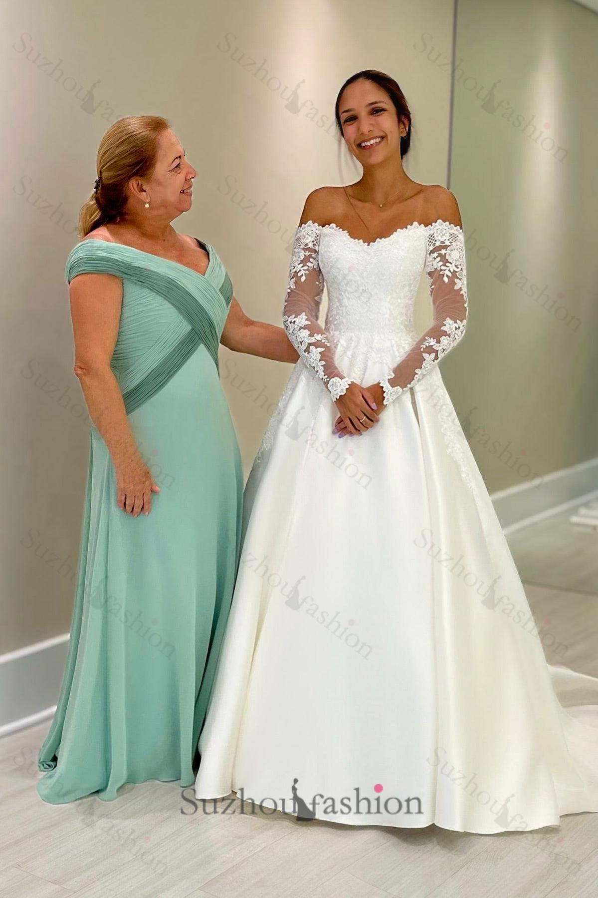White Wedding Dress Ball Gown Off The Shoulder Lace Long Sleeves Chapel Train Satin Bridal Gown