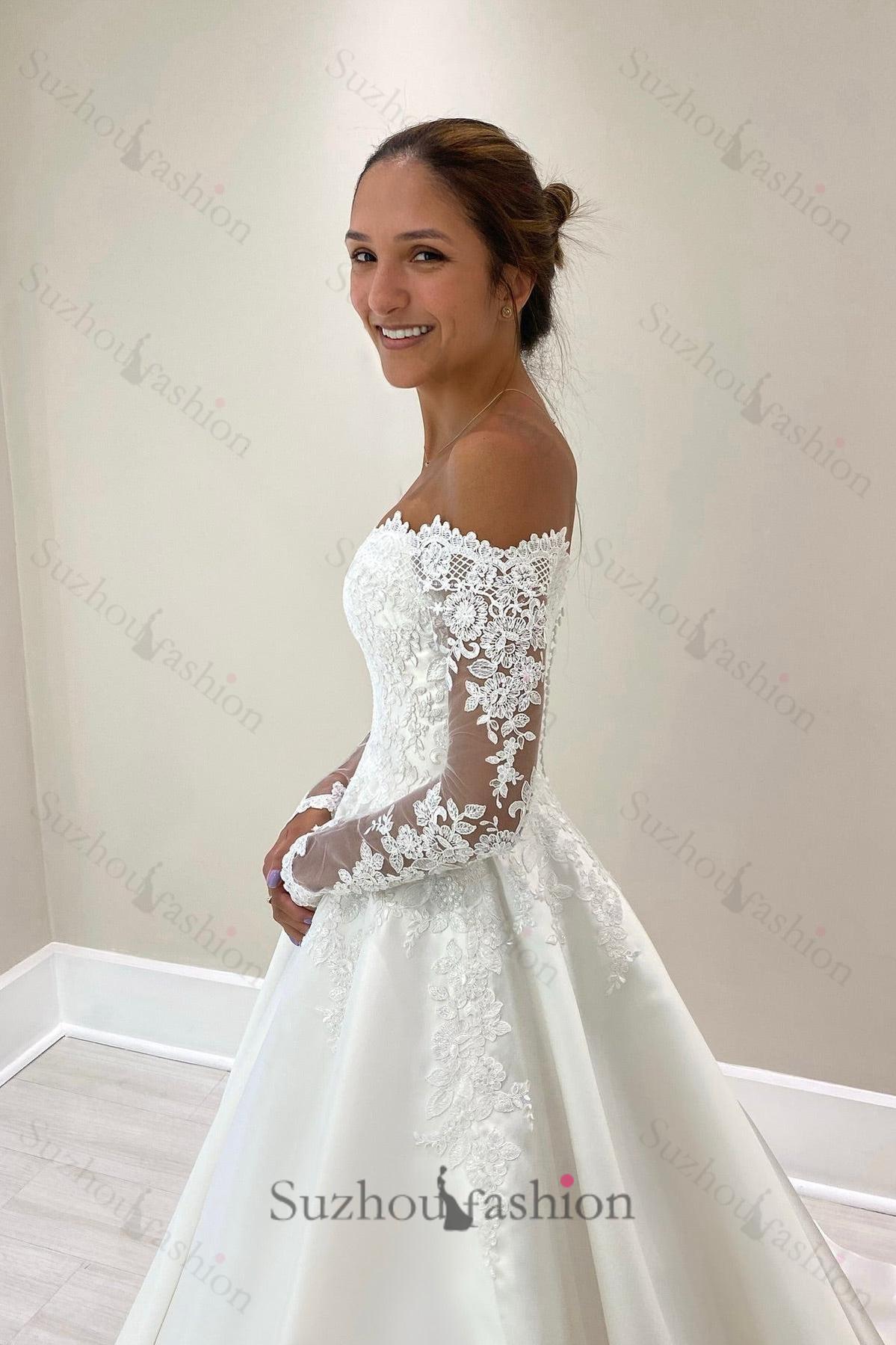 White Wedding Dress Ball Gown Off The Shoulder Lace Long Sleeves Chapel Train Satin Bridal Gown