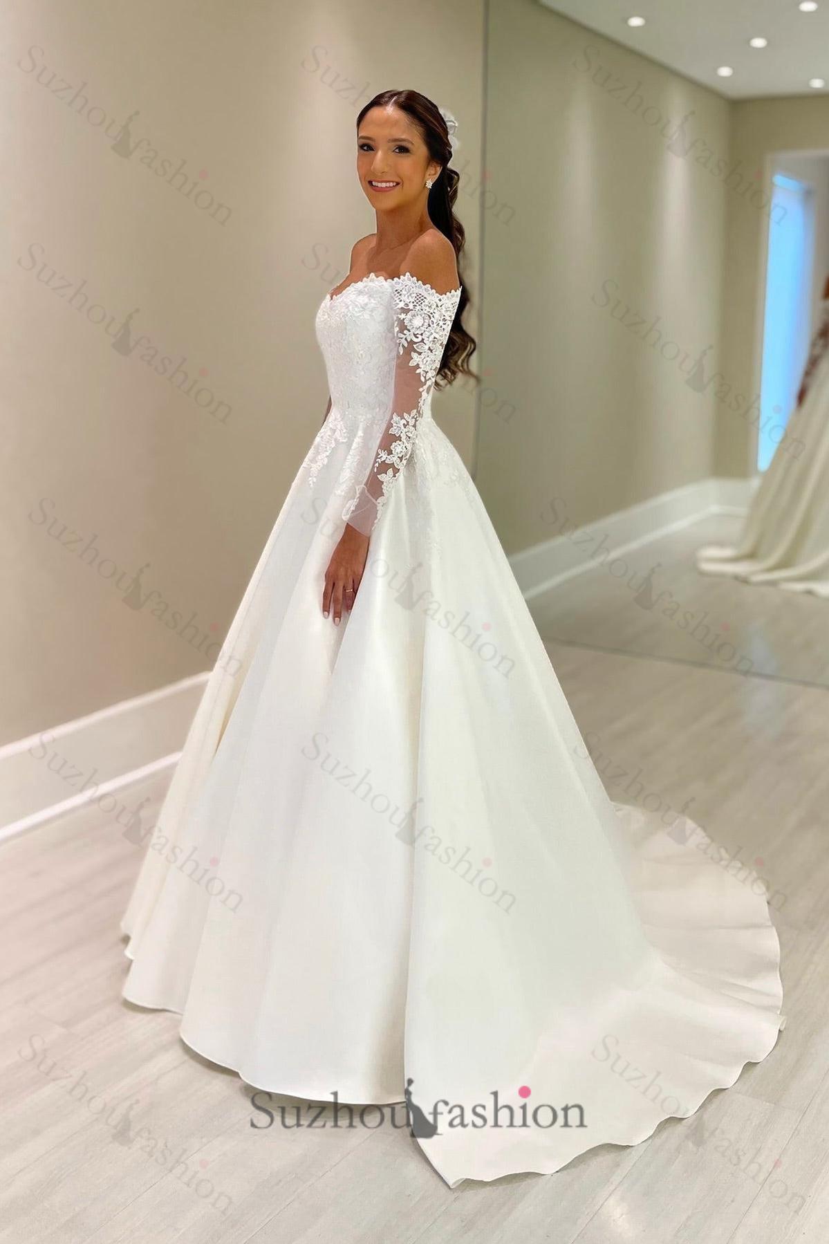 White Wedding Dress Ball Gown Off The Shoulder Lace Long Sleeves Chapel Train Satin Bridal Gown