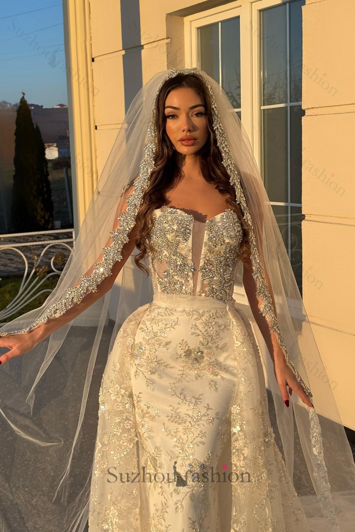 White Wedding Dress Column Strapless Beaded Sequined Sleeveless Panel Train Lace Bridal Gown With Rhinestone