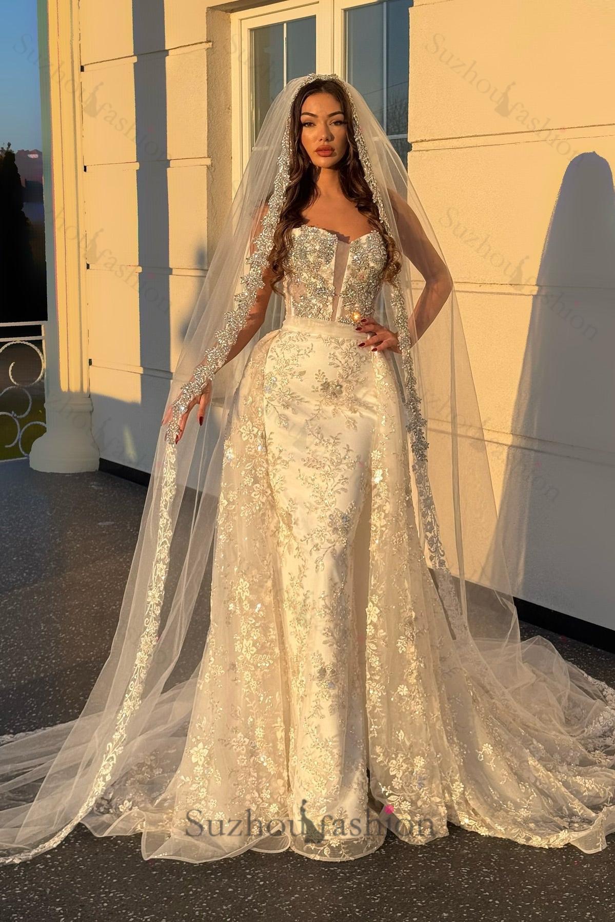 White Wedding Dress Column Strapless Beaded Sequined Sleeveless Panel Train Lace Bridal Gown With Rhinestone