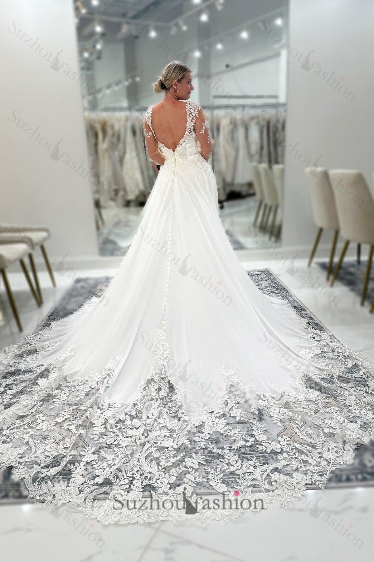 White Wedding Dress Lace A Line V Neck Backless Long Sleeves Cathedral Train Chiffon Bridal Gown