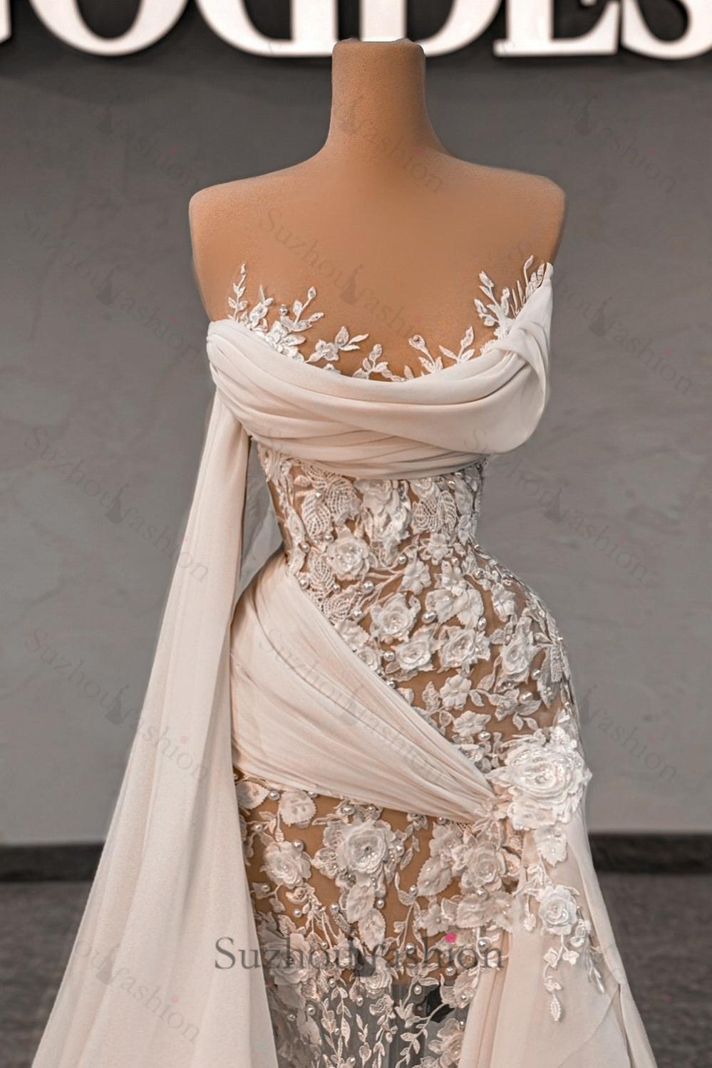 White Wedding Dress Lace Column Strapless Sleeveless Beaded Panel Train Chiffon Bridal Gown With Pearls