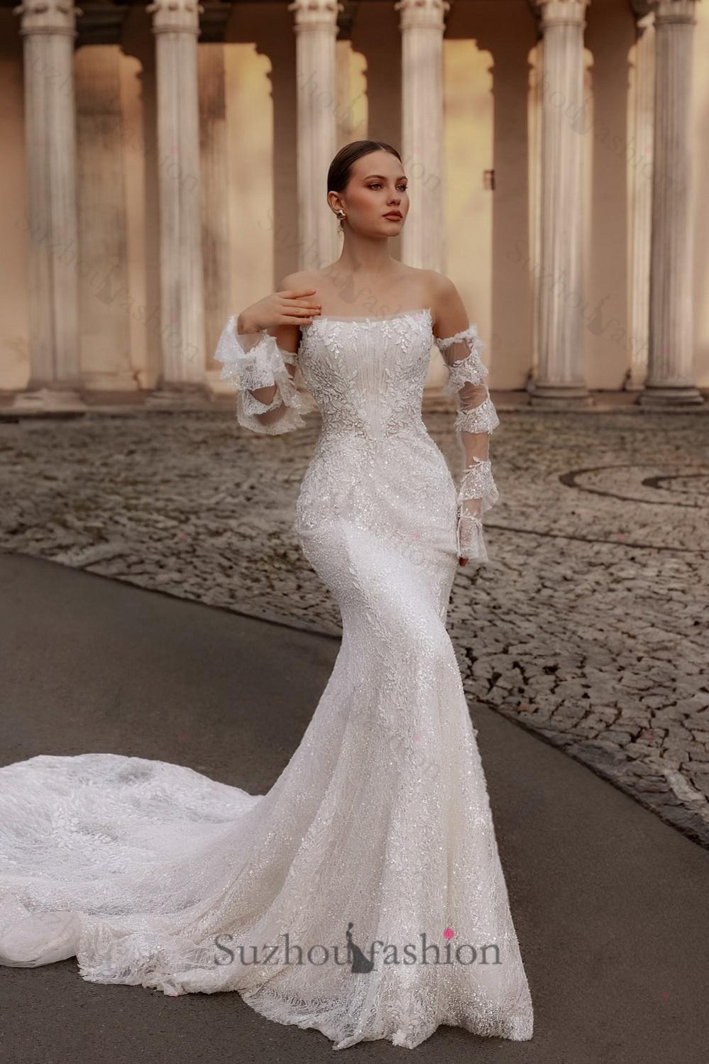 White Wedding Dress Lace Mermaid Strapless Sequined Sleeveless Panel Train Bridal Gown With Appliques