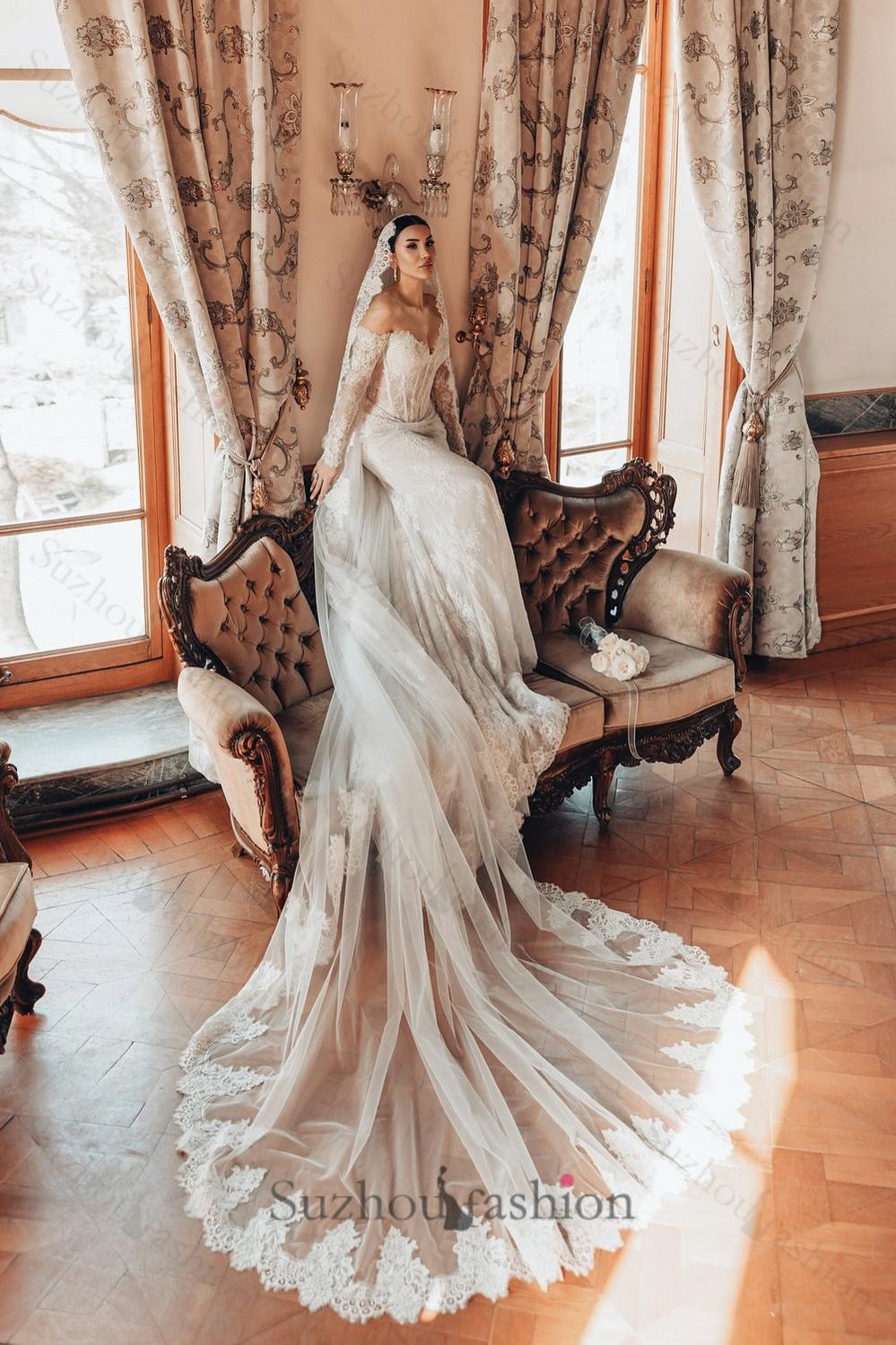 White Wedding Dress Lace Mermaid Sweetheart Off The Shoulder Beaded Long Sleeves Sweep Train Bridal Gown