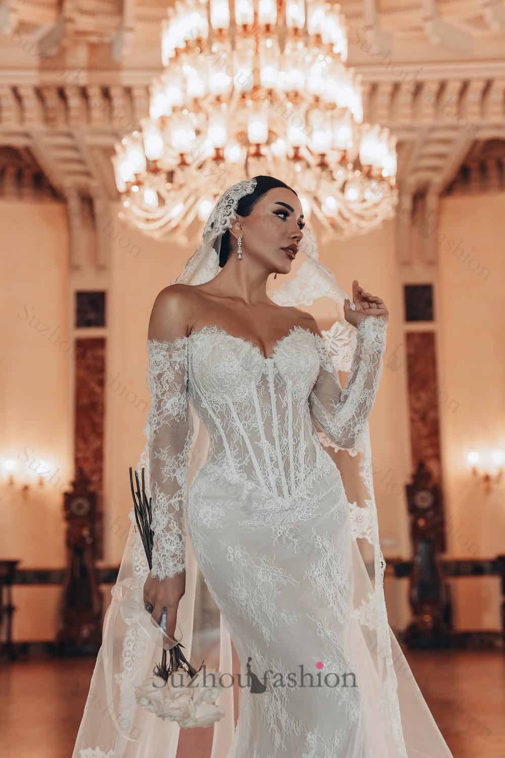 White Wedding Dress Lace Mermaid Sweetheart Off The Shoulder Beaded Long Sleeves Sweep Train Bridal Gown