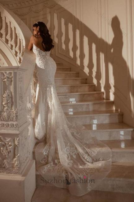 White Wedding Dress Lace Mermaid Sweetheart Spaghetti Strap Long Bridal Gown