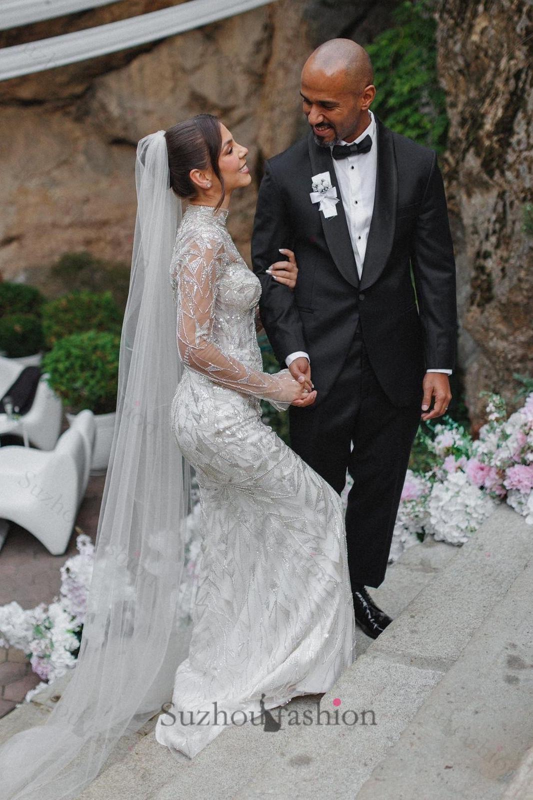 White Wedding Dress Mermaid High Neck Long Sleeves Beaded Sweep Train Tulle Bridal Gown With Sequins