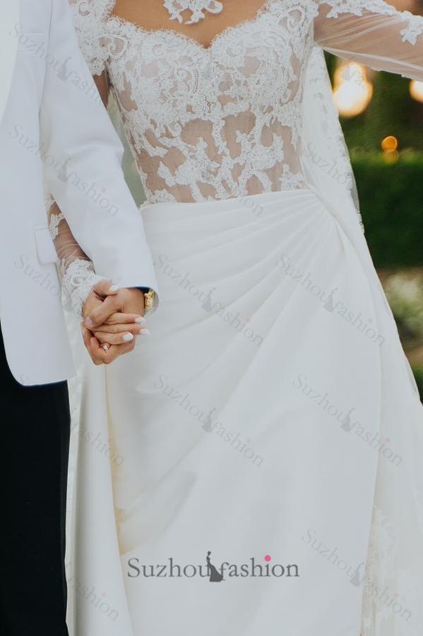 White Wedding Dress Mermaid High Neck Long Sleeves Lace Long Satin Ruffle Detachable Panel Train Bridal Gown With Appliques