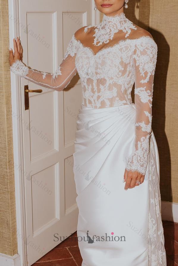 White Wedding Dress Mermaid High Neck Long Sleeves Lace Long Satin Ruffle Detachable Panel Train Bridal Gown With Appliques