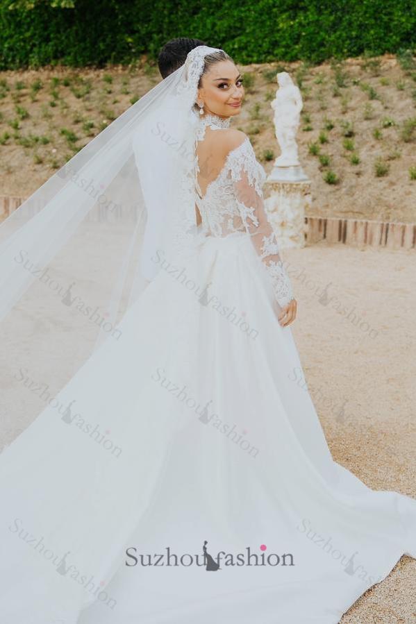 White Wedding Dress Mermaid High Neck Long Sleeves Lace Long Satin Ruffle Detachable Panel Train Bridal Gown With Appliques