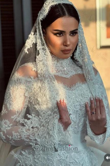 White Wedding Dress Mermaid High Neck Sequined Long Sleeve Panel Train Lace Bridal Gown With Appliques