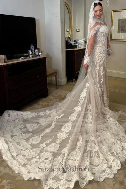 White Wedding Dress Mermaid Long Sleeves High Neck Lace Cathedral Train Tulle Bridal Gown