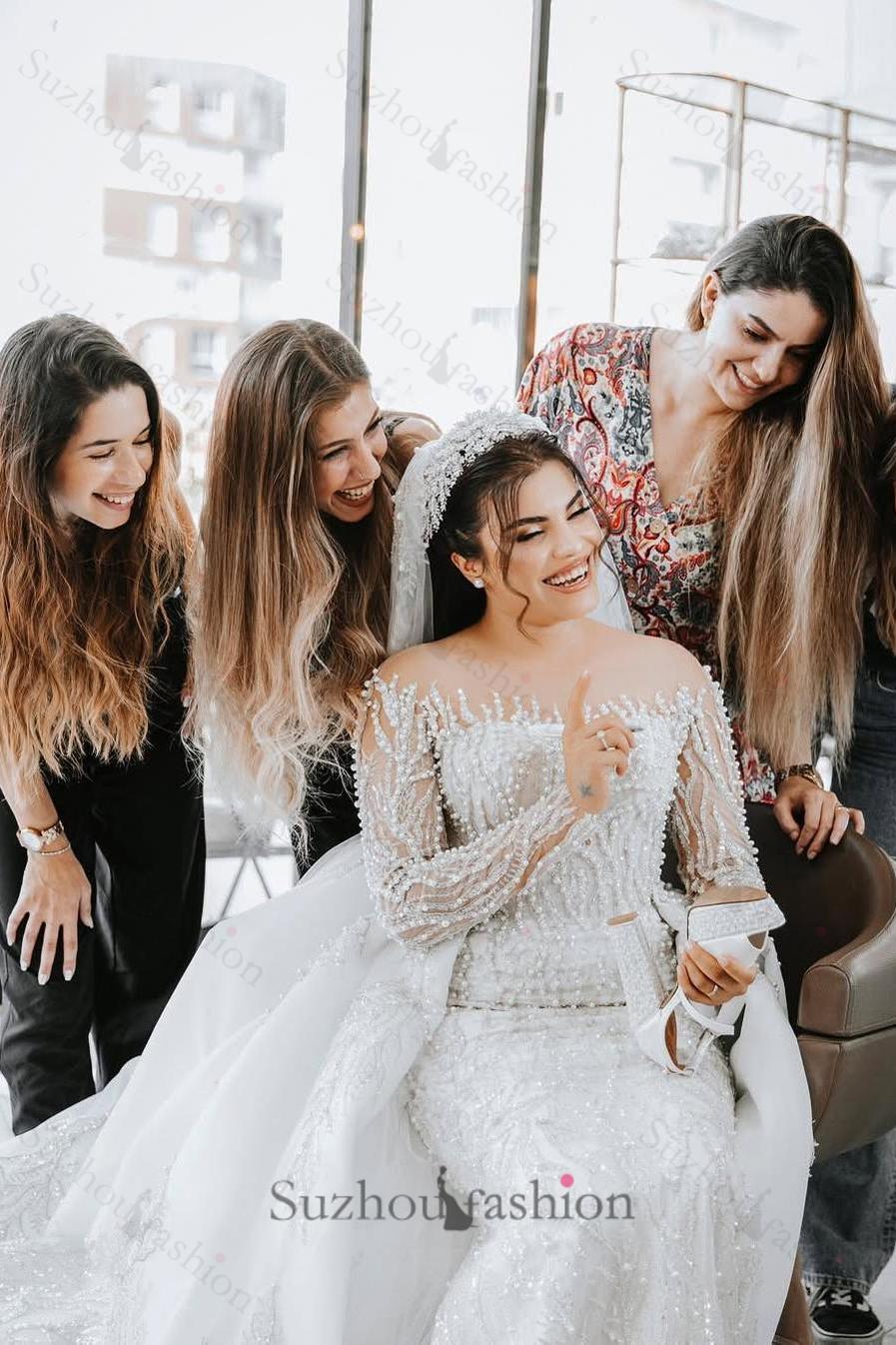 White Wedding Dress Mermaid Off The Shoulder Long Sleeves Beaded Detachable Train Tulle Bridal Gown With Peals
