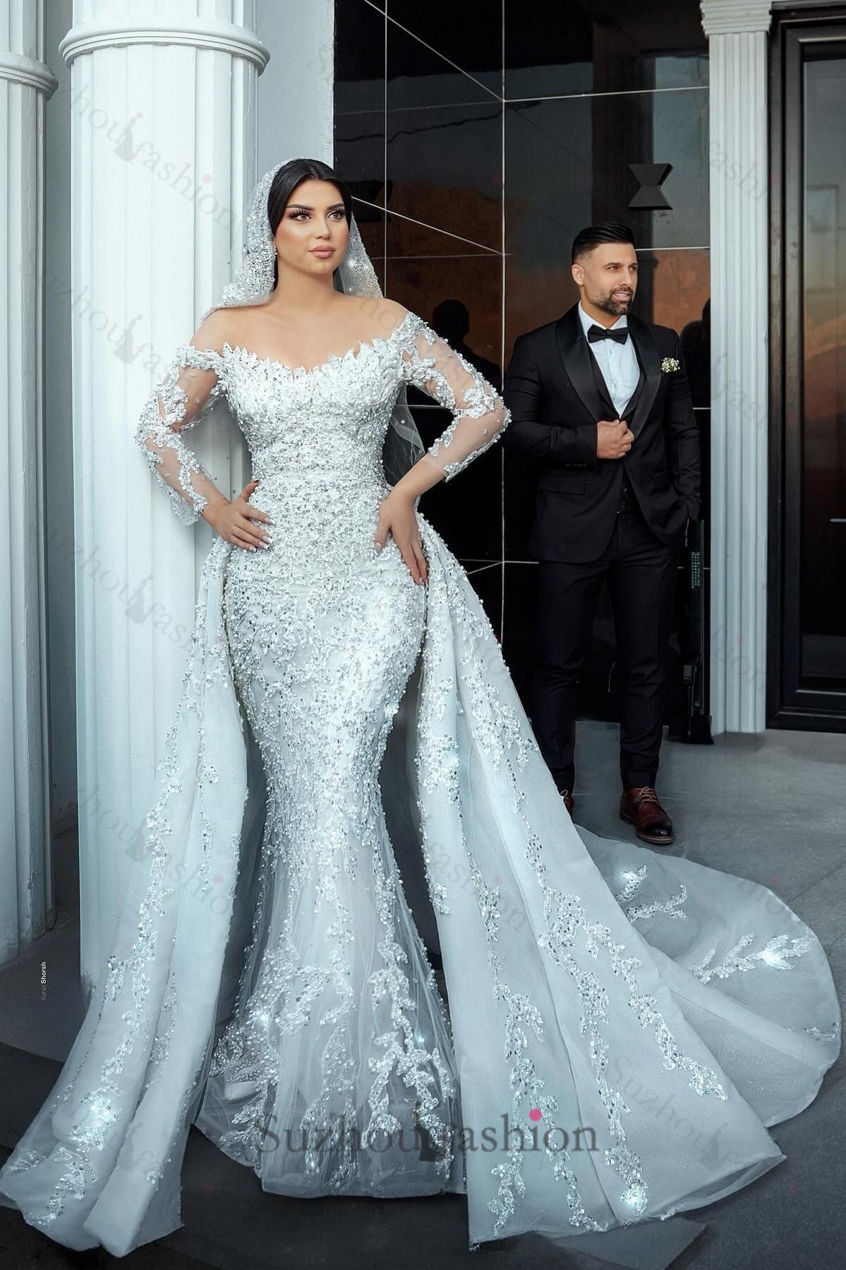 White Wedding Dress Mermaid Off The Shoulder Strapless Beaded Long Sleeves Sequined Detachable Panel Train Long Tulle Bridal Gown With Pearls And Appliques