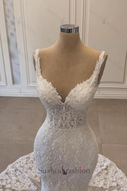 White Wedding Dress Mermaid Spaghetti Strap V Neck Sleeveless Beaded Lace Sweep Train Tulle Bridal Gown
