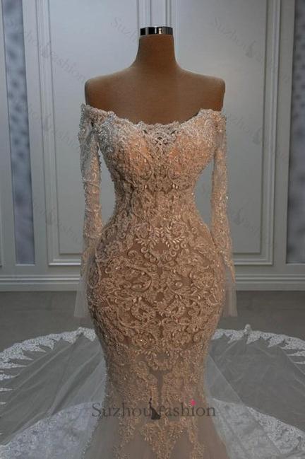 White Wedding Dress Mermaid Strapless Beaded Off The Shoulder Long Sleeve Chapel Train Lace Bridal Gown