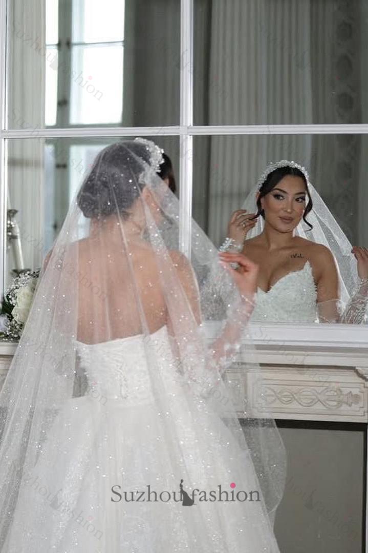 White Wedding Dress Mermaid Strapless Sleeveless Lace Bridal Gown With Detachable  Panel Train