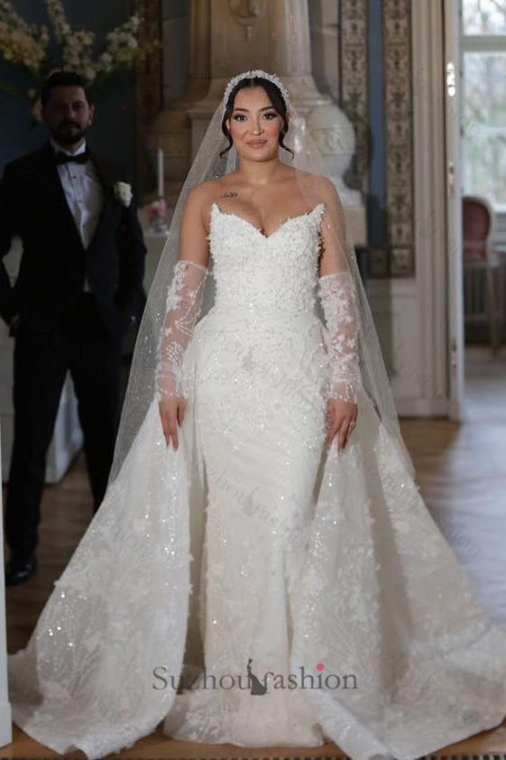 White Wedding Dress Mermaid Strapless Sleeveless Lace Bridal Gown With Detachable  Panel Train