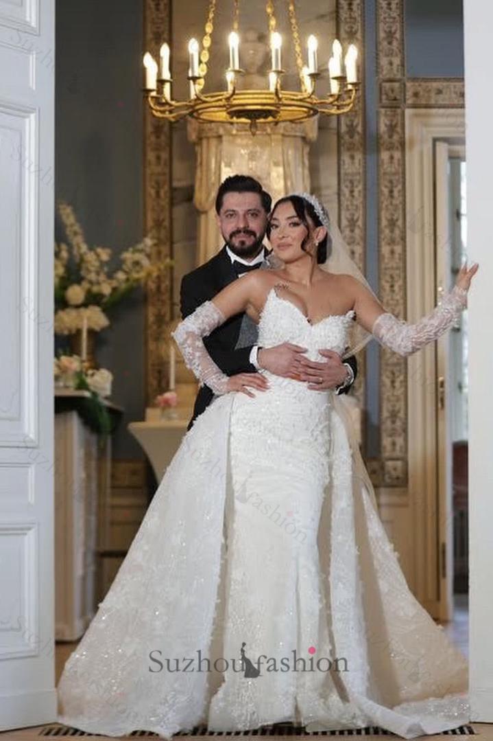 White Wedding Dress Mermaid Strapless Sleeveless Lace Bridal Gown With Detachable  Panel Train