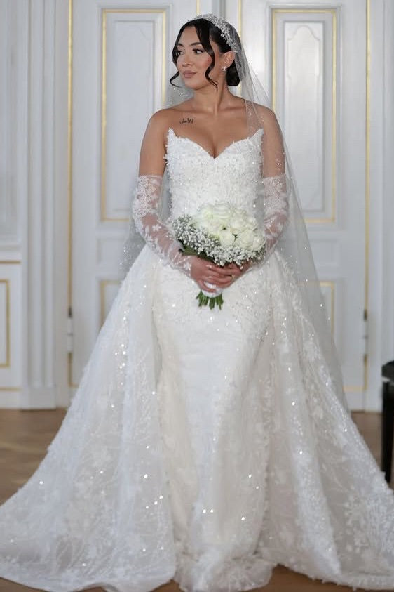 White Wedding Dress Mermaid Strapless Sleeveless Lace Bridal Gown With Detachable  Panel Train
