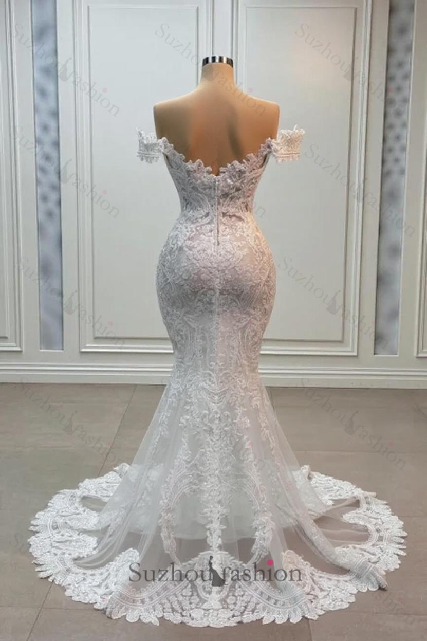 White Wedding Dress Mermaid Sweetheart Off The Shoulder Chapel Train Lace Tulle Bridal Gown With Appliques