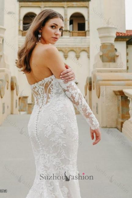 White Wedding Dress Mermaid Sweetheart Off The Shoulder Long Sleeve Lace Court Train Tulle Bridal Gown With Appliques