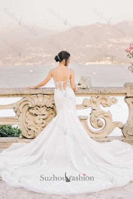 White Wedding Dress Mermaid Sweetheart Spaghetti Strap Sleeveless Sweep Train Tulle Bridal Gown With Appliques