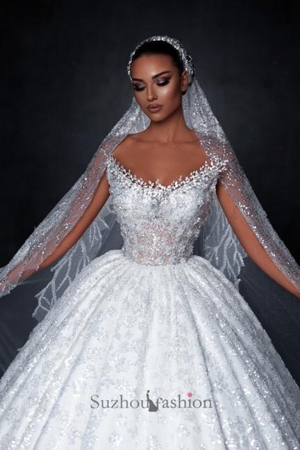 White Wedding Dress Off The Shoulder Sleeveless Sequined Ball Gown Long Tulle Bridal Gown With Appliques