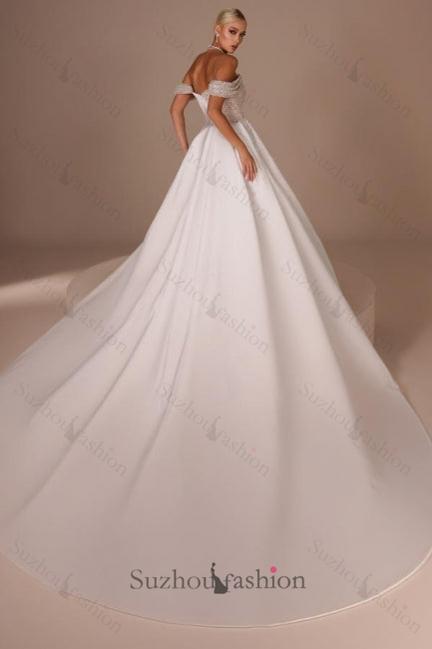 White Wedding Dress Strapless Beaded Off The Shoulder Panel Train Satin Bridal Gown