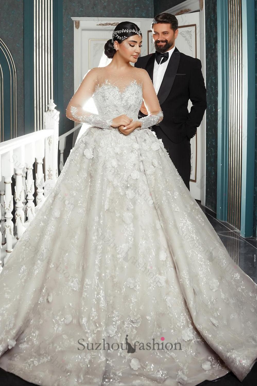 White Wedding Dress Sweetheart Beaded Illusion Sleeves Sequined Ball Gown Long Tulle Bridal Gown With Pearls And Appliques