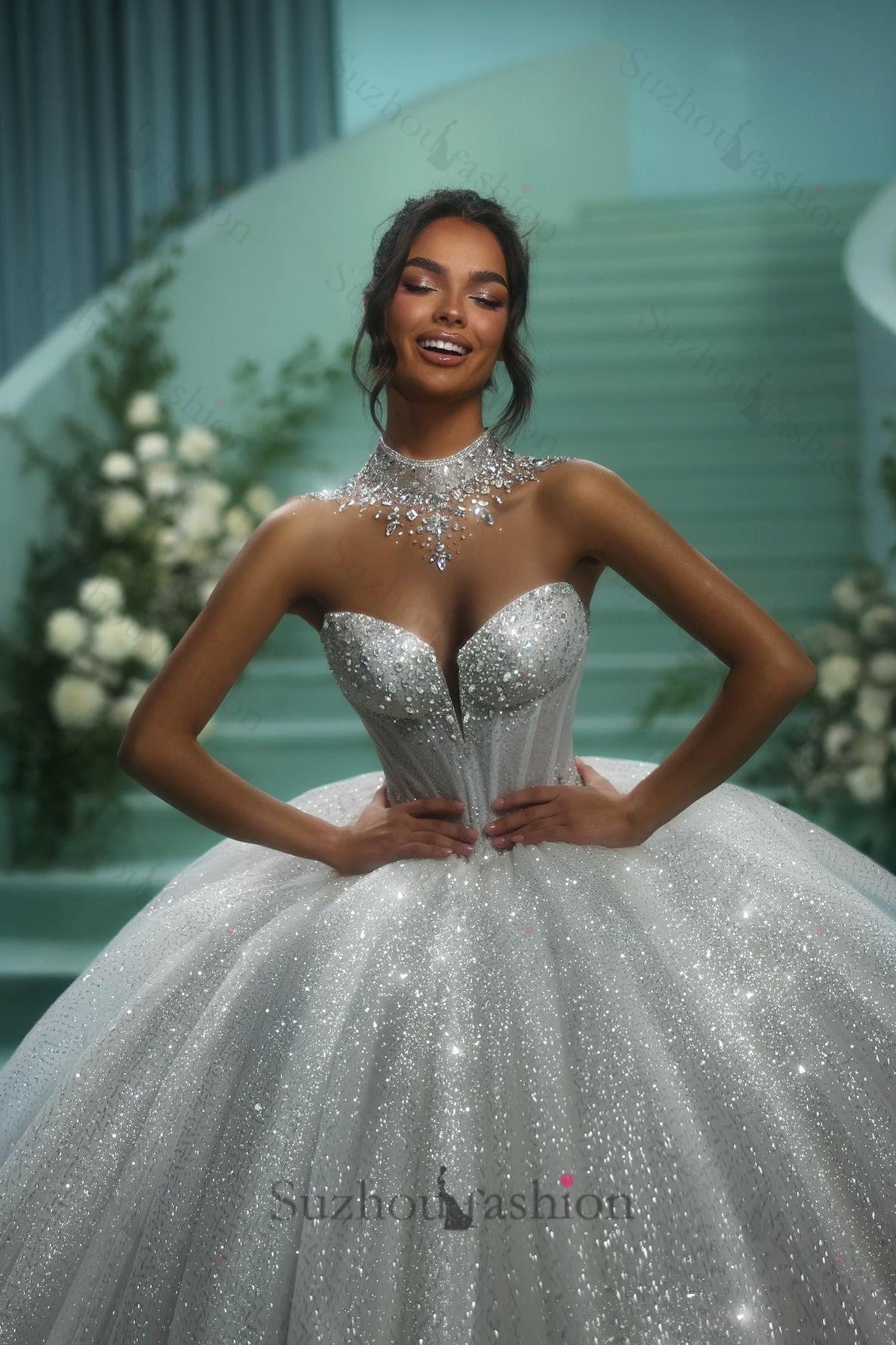 White Wedding Dress Sweetheart Sequined Sleeveless Ball Gown Cathedral Train Tulle Bridal Gown