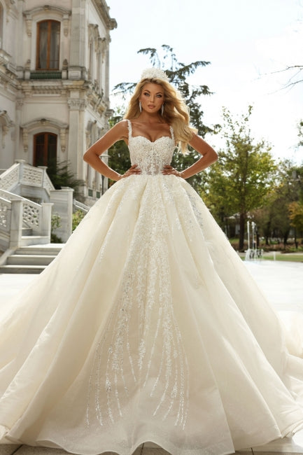 White Wedding Dress Sweetheart Spaghetti Strap Sleeveless Sequined Lace Ball Gown Long Tulle Bridal Gown