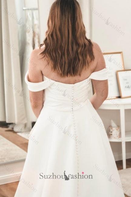 White Wedding Dress Sweetheart V Neck Off The Shoulder A Line Sleeveless Sweep Train Satin Bridal Gown