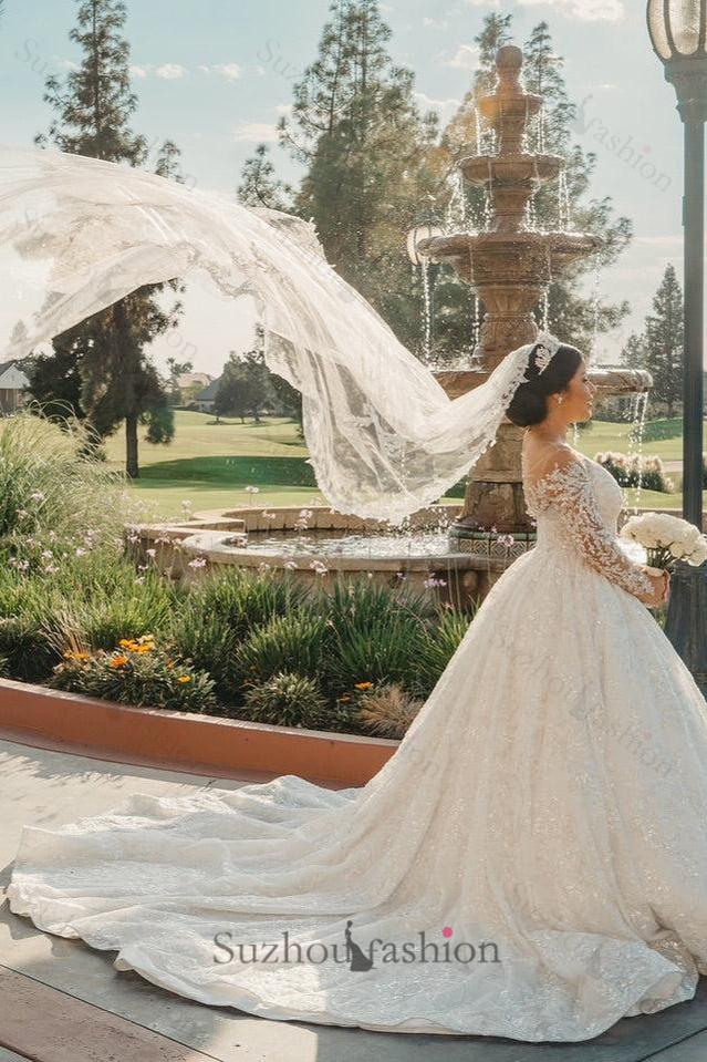 White Wedding Dress V Neck Lace Sequined Ball Gown Long Sleeves Cathedral Train Bridal Gown